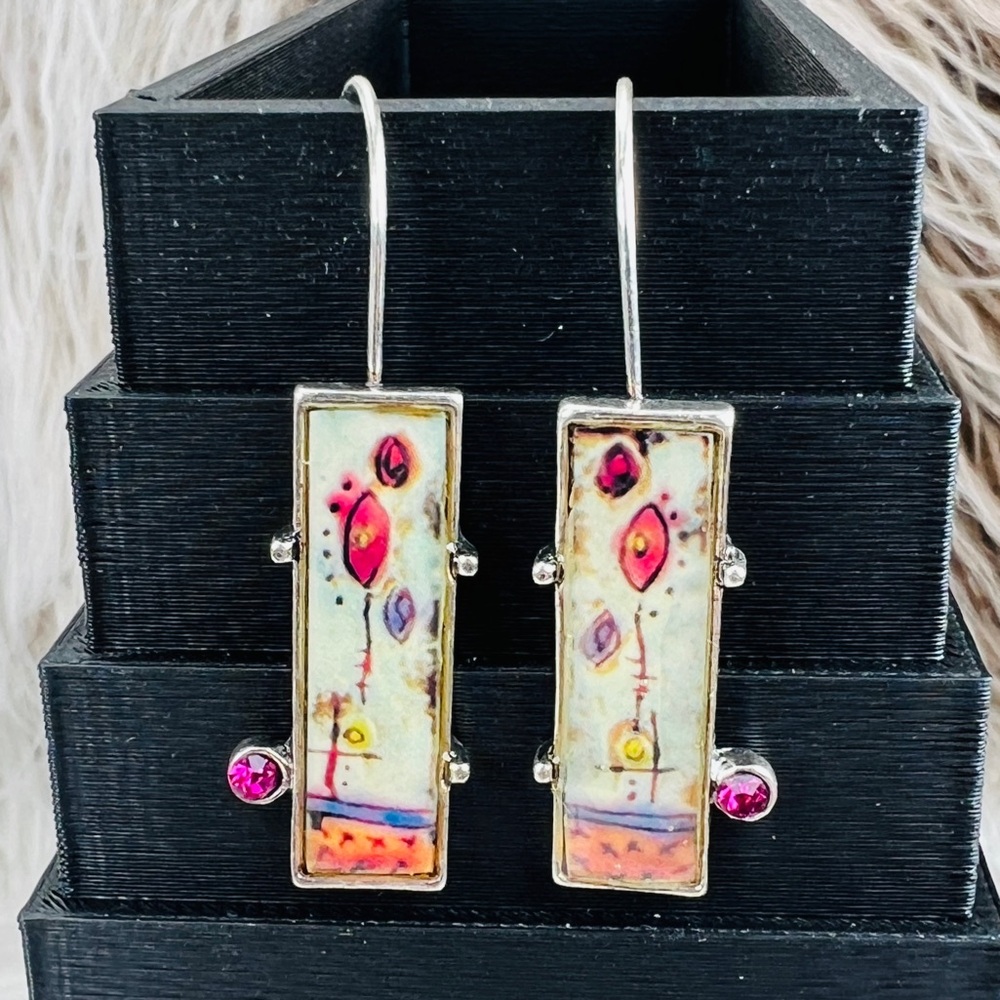 Beautiful Silvertone Rectangular Shape Long Dangl… - image 2